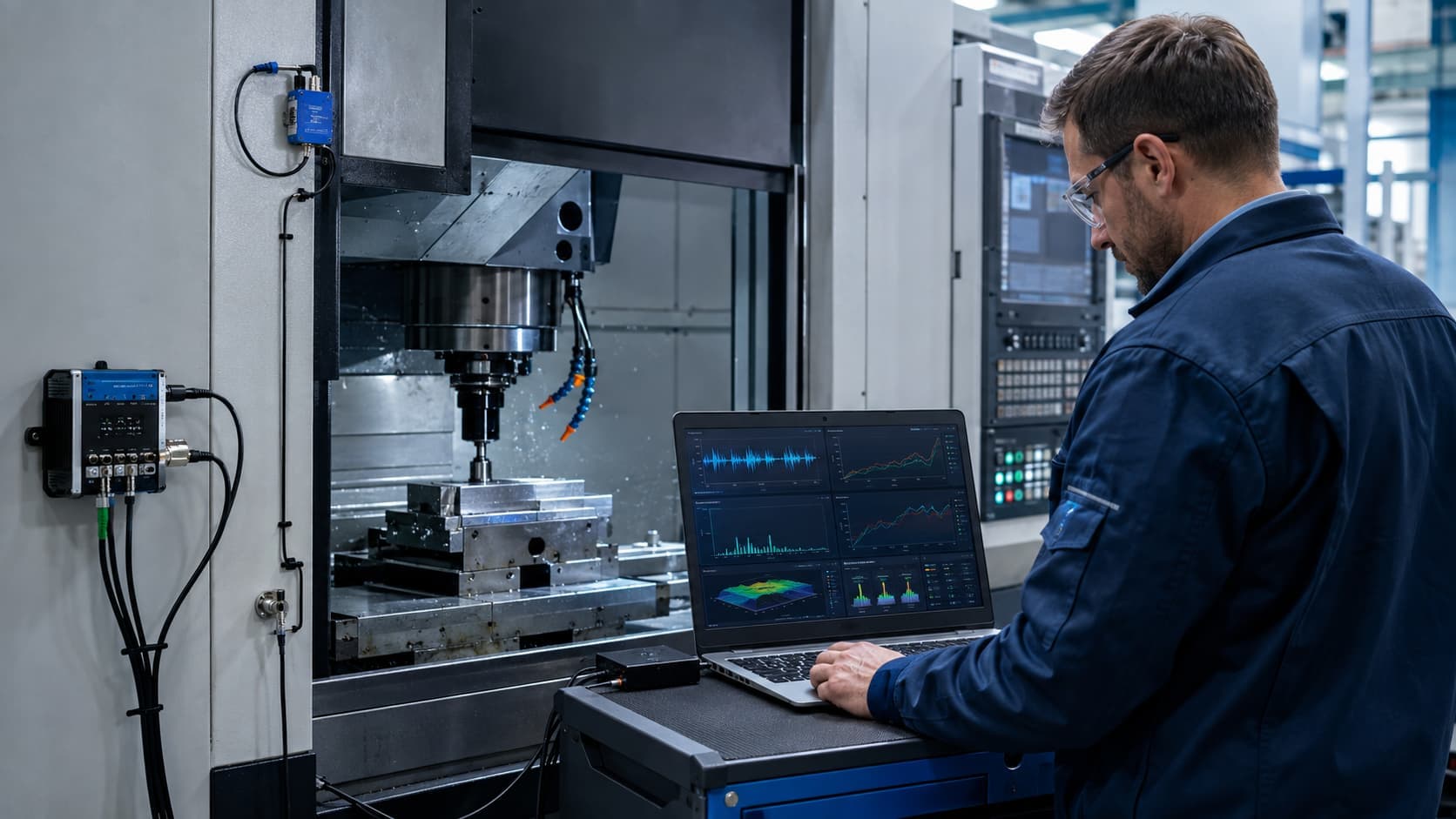 Engineer analysing CNC machine vibration and condition-monitoring data for predictive maintenance.