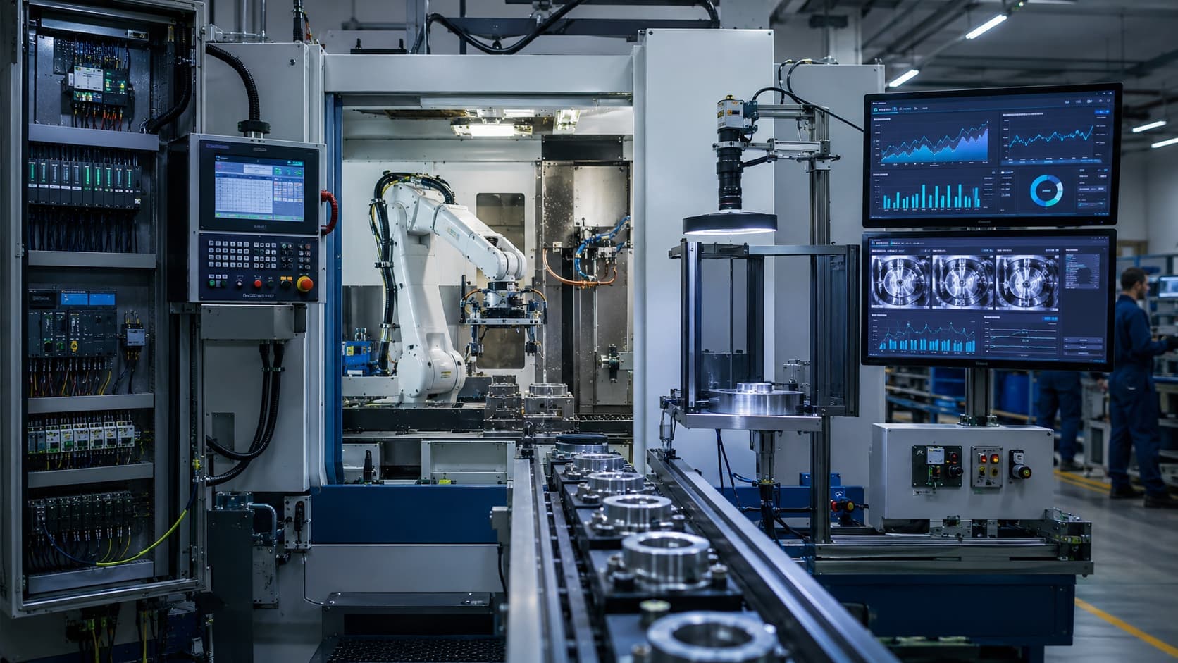 Factory floor showing a PLC control cabinet, a robotic arm and a CNC machining cell beside monitor screens displaying real-time process analytics, vibration data and visual-inspection dashboards, representing deterministic automation operating alongside industrial AI.