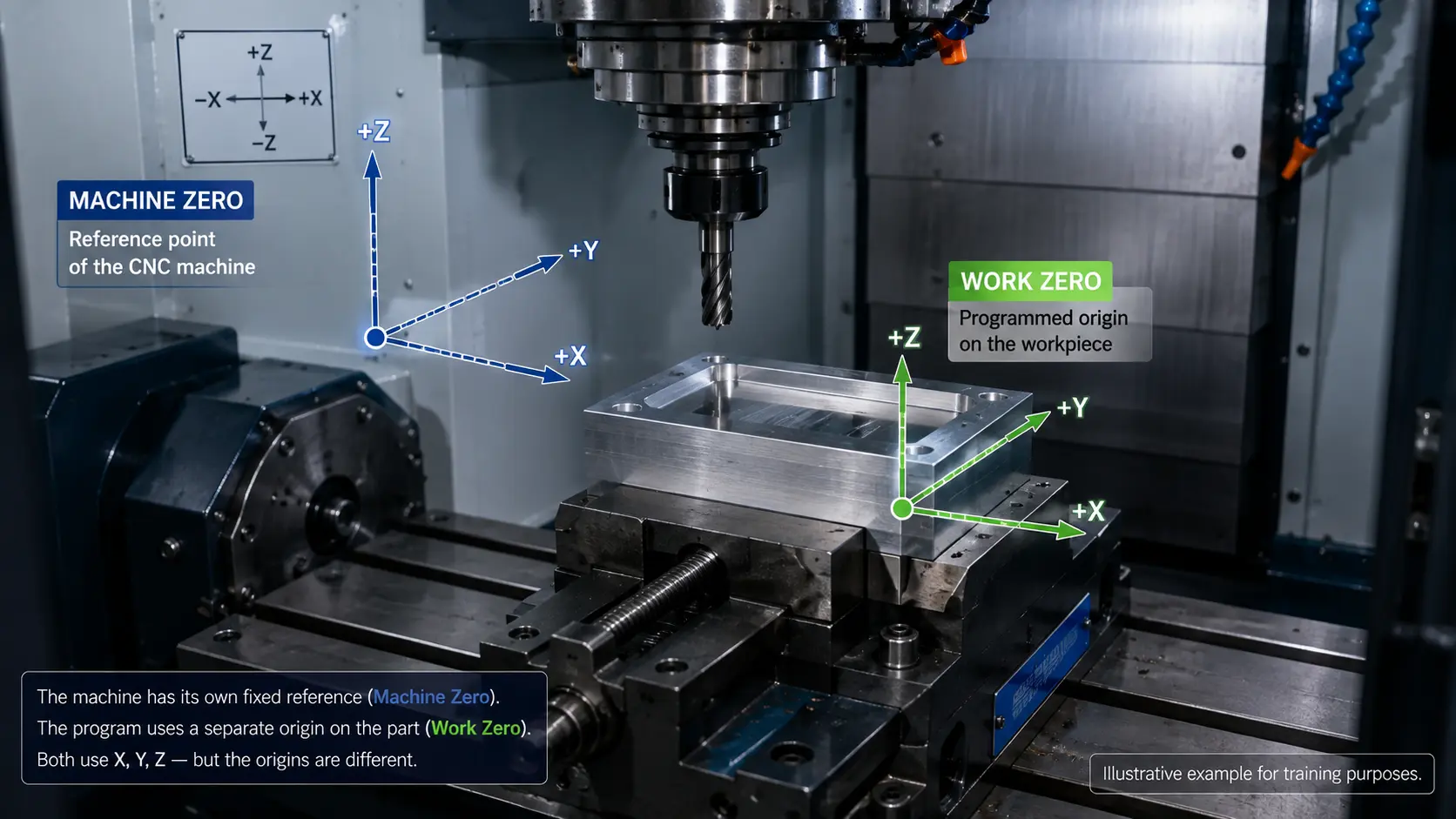 Close-up of a CNC vertical machining centre spindle above a clamped workpiece, with an overlay diagram distinguishing Machine Zero, the fixed reference point of the CNC machine, from Work Zero, the programmed origin on the workpiece, showing both origins use X, Y and Z axes but at different physical locations.