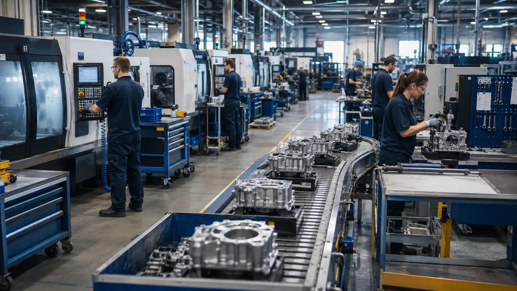 CNC machining line with a curved conveyor carrying aluminum housings past machinists and an assembly workstation, illustrating a lean manufacturing production system where multiple processes are connected in flow rather than operating as isolated machines.