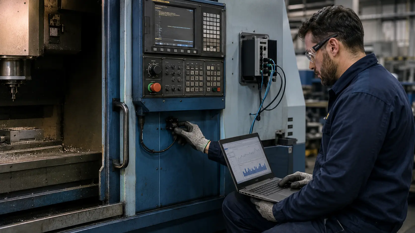 Technician connecting condition-monitoring sensors and an industrial gateway to an older CNC machine.