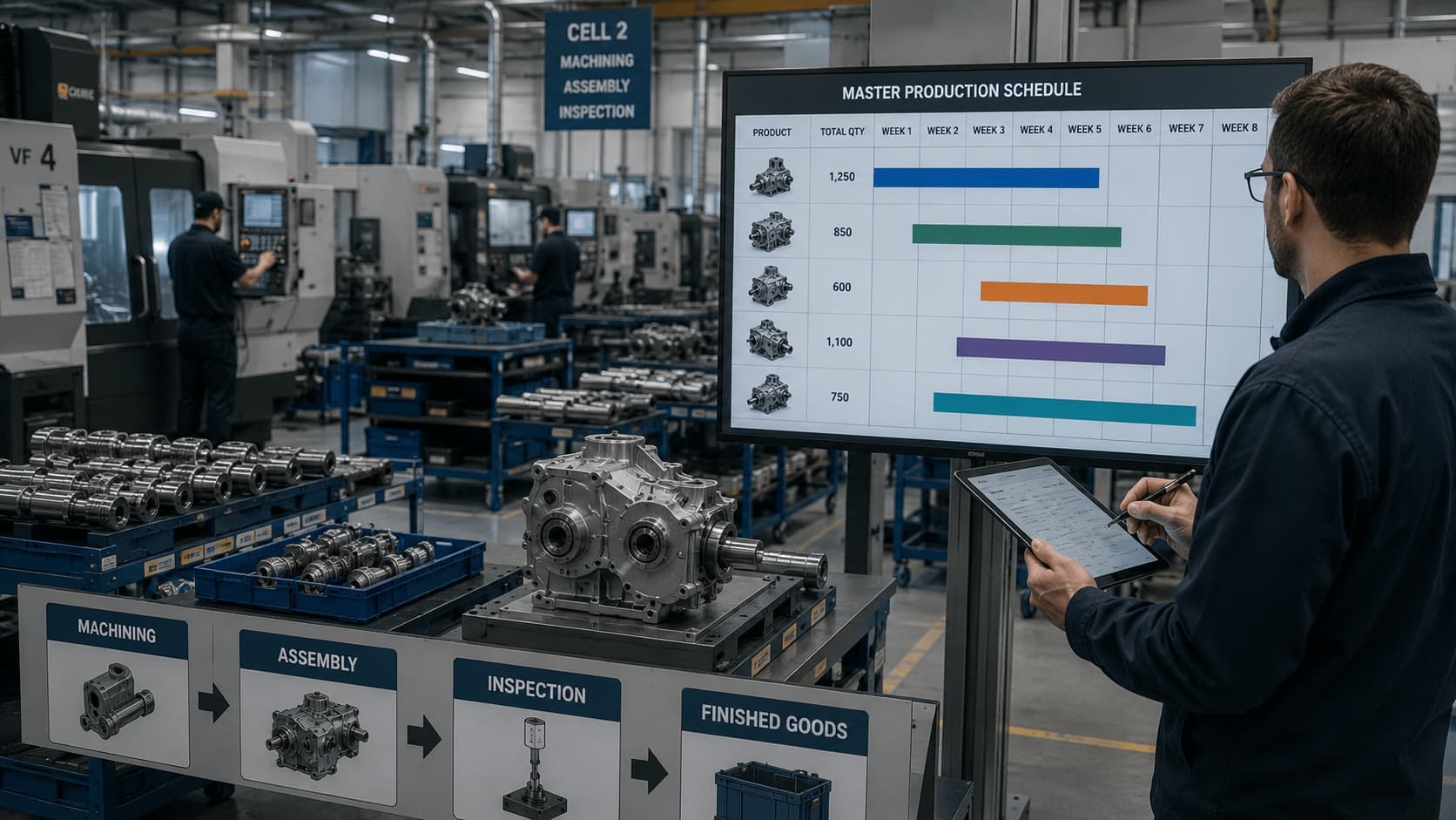 Engineer holding a tablet in a CNC manufacturing cell, standing beside gearbox housings, shafts and bearings at different stages of production, reviewing a wall screen showing a Master Production Schedule table with five products, total quantities and Gantt-style production bars spanning an eight-week period, with workflow signage for machining, assembly, inspection and finished goods in the background.