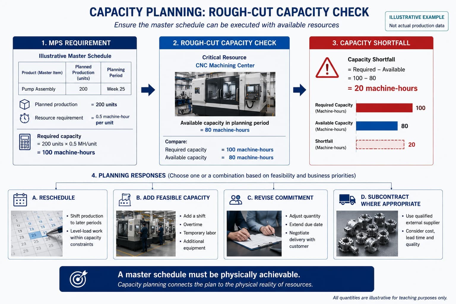 Diagram of a rough-cut capacity check for a master schedule, using illustrative figures. An MPS requirement of 200 pump assemblies in Week 25 at 0.5 machine-hour per unit creates a required capacity of 100 machine-hours on a critical CNC machining center. Available capacity in the period is 80 machine-hours, producing a 20 machine-hour shortfall. Four possible planning responses are shown: reschedule production to later periods, add feasible capacity through overtime or temporary labour, revise the commitment by adjusting quantity or due date, or subcontract to a qualified external supplier.