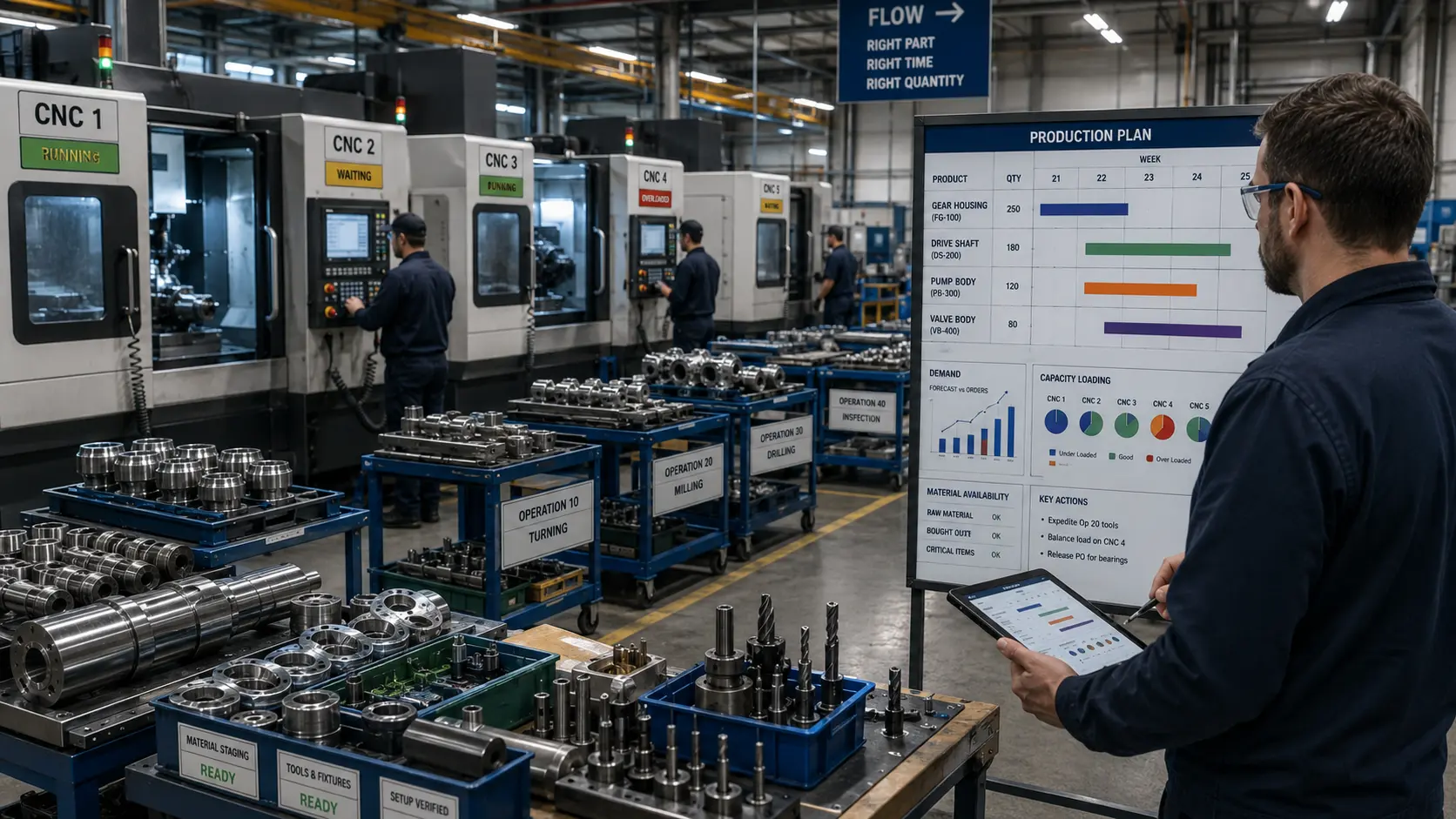 Engineer holding a tablet on a CNC shop floor with five labelled machining centres — CNC1 running, CNC2 waiting, CNC3 running, CNC4 overloaded and CNC5 waiting — beside staging carts for turning, milling, drilling and inspection operations, looking at a wall-mounted production plan board showing a weekly schedule for four products, capacity-loading charts per machine, material-availability status and a list of key planning actions.