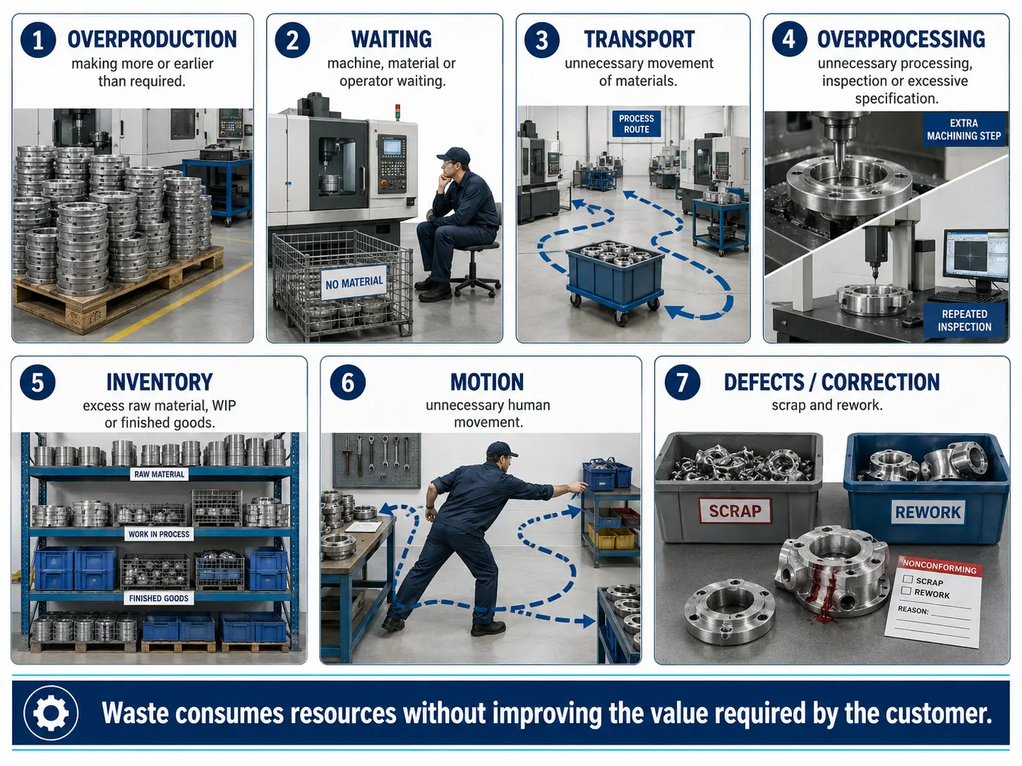 Grid of the seven classic lean manufacturing wastes illustrated with machine-shop photos: Overproduction (making more or earlier than required), Waiting (machine, material or operator waiting), Transport (unnecessary movement of materials), Overprocessing (unnecessary processing, inspection or excessive specification), Inventory (excess raw material, WIP or finished goods), Motion (unnecessary human movement), and Defects/Correction (scrap and rework).