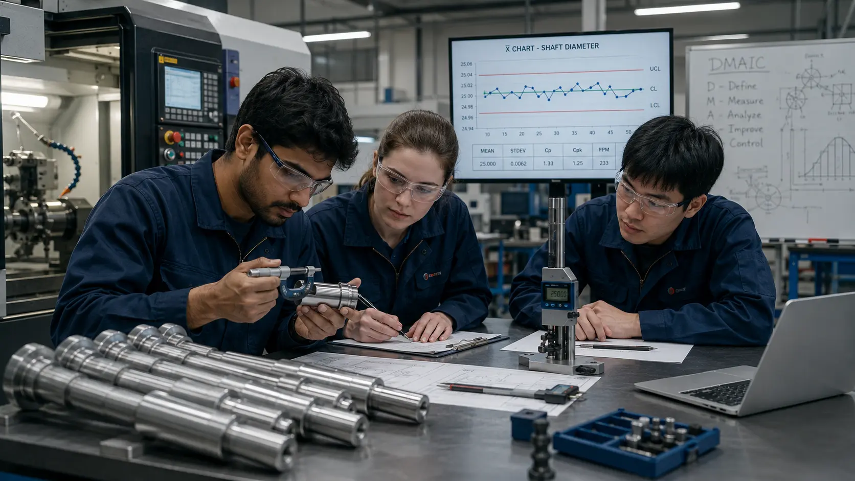 Three engineers in a CNC machine shop inspecting turned shafts with a micrometer and digital height gauge, with a screen behind them showing an X-bar control chart of shaft diameter with upper and lower control limits and a summary table of mean, standard deviation, Cp, Cpk and PPM, and a whiteboard listing the DMAIC phases — Define, Measure, Analyze, Improve, Control.