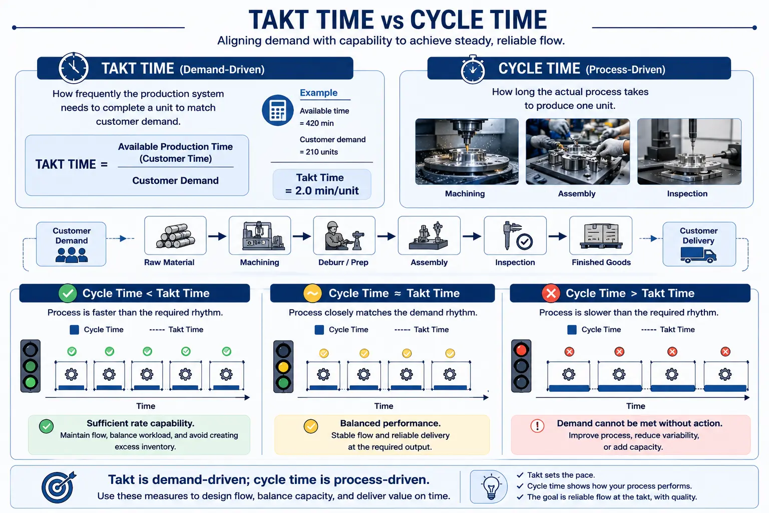 Diagram comparing takt time and cycle time. Takt time is demand-driven, calculated as available production time divided by customer demand, shown with a worked example of 420 minutes available and 210 units demand giving a takt time of 2.0 minutes per unit. Cycle time is process-driven, the actual time machining, assembly and inspection take to produce one unit. Three scenarios are compared: cycle time less than takt time (sufficient rate capability, but risk of excess inventory if run continuously), cycle time approximately equal to takt time (balanced performance and reliable delivery), and cycle time greater than takt time (demand cannot be met without improving the process, reducing variability or adding capacity).