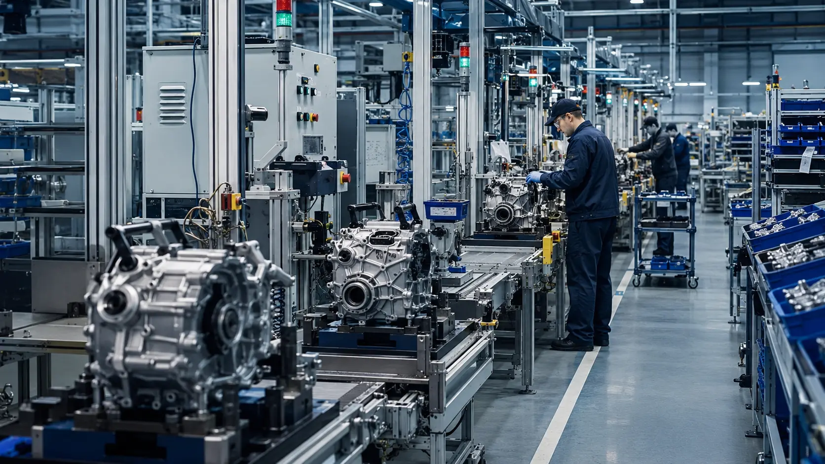 Automotive manufacturing line with workers assembling engine and transmission housings at synchronized workstations, with parts bins staged at point of use and andon status lights overhead, illustrating flow-based production associated with the Toyota Production System.