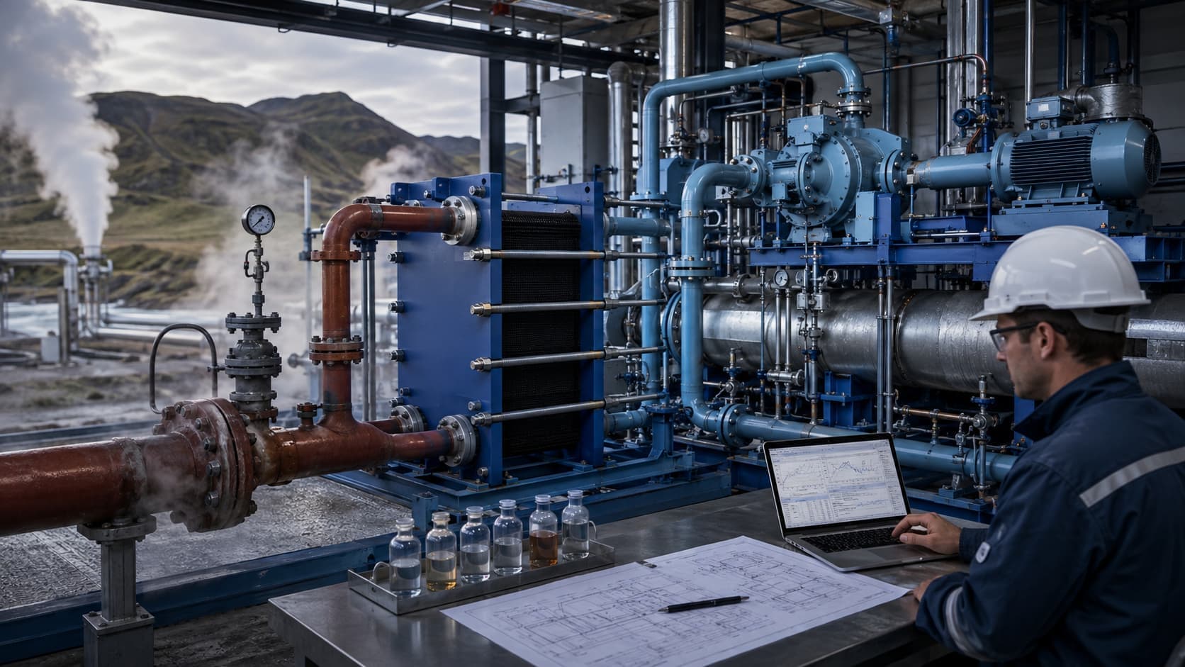 Engineering visualization of a low-temperature geothermal Organic Rankine Cycle with heat exchangers, turbine and working-fluid loop.