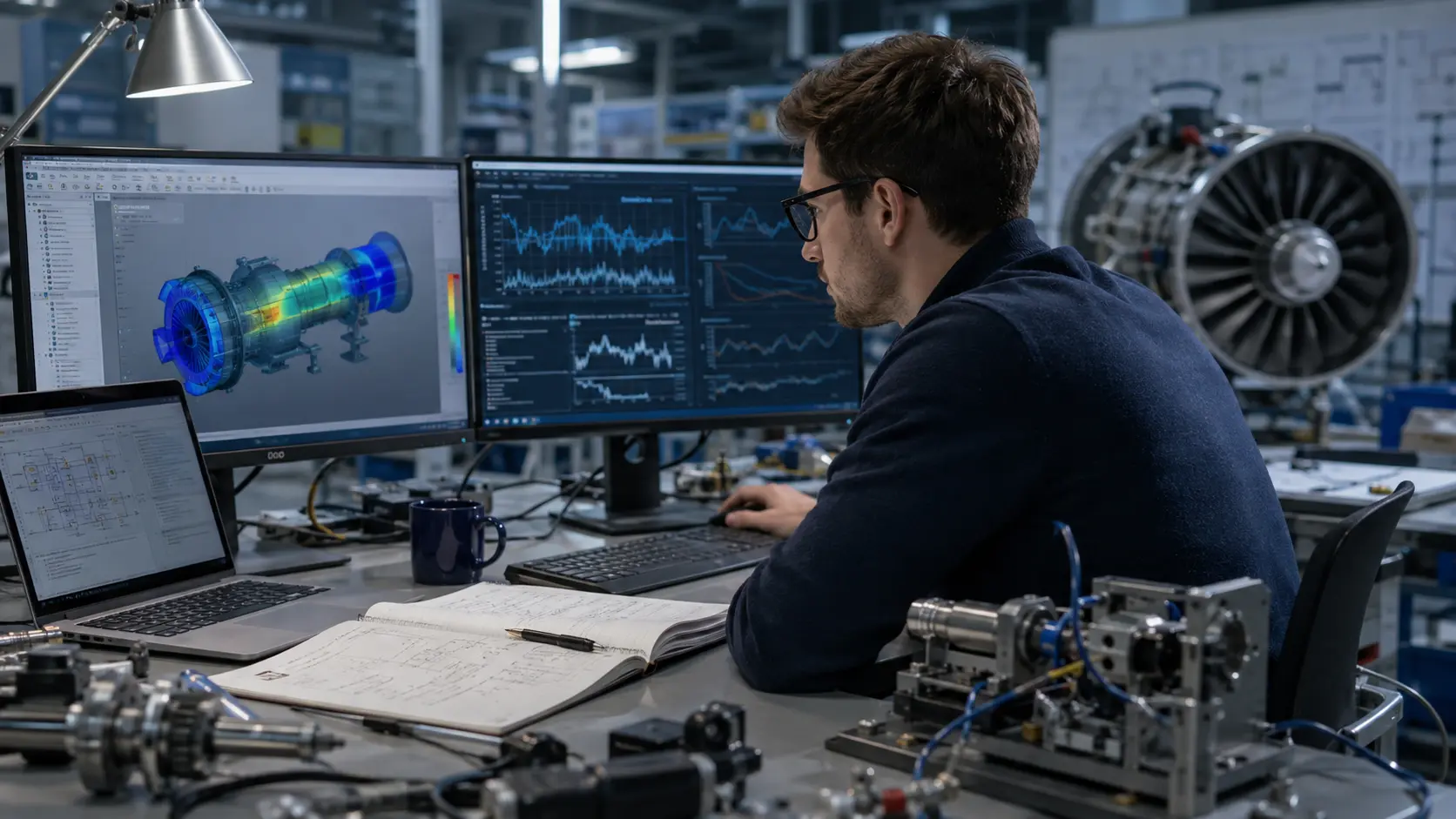 Engineer reviewing simulation, sensor and machine-condition data while investigating an engineering research question outside a formal laboratory.