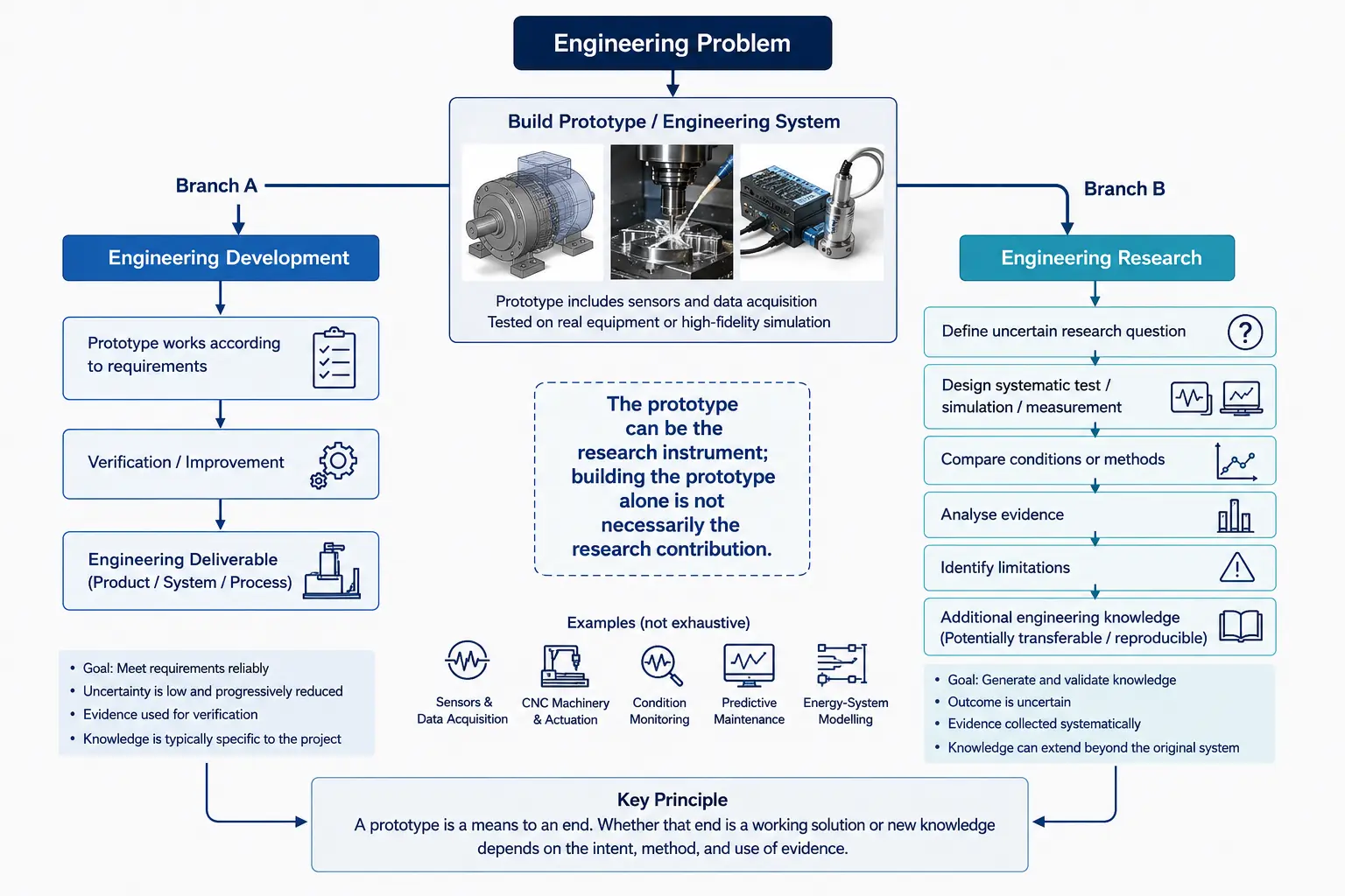 Diagram showing a CNC monitoring prototype branching into an engineering-development path and an engineering-research path.