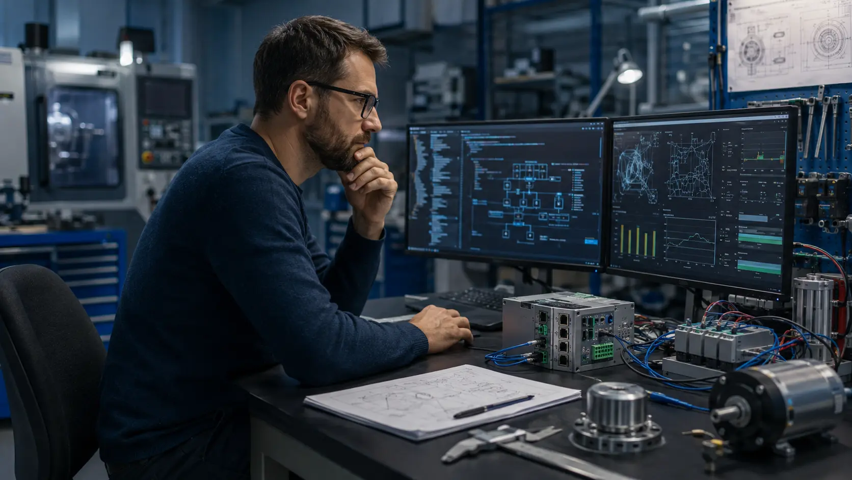 Engineer reviewing software architecture and system data beside physical engineering equipment.