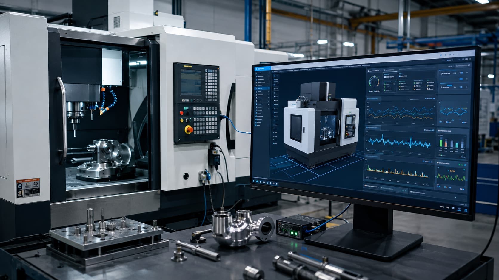 Engineer viewing a live digital twin dashboard beside the physical CNC machine it represents, showing real-time condition data and a 3D model.