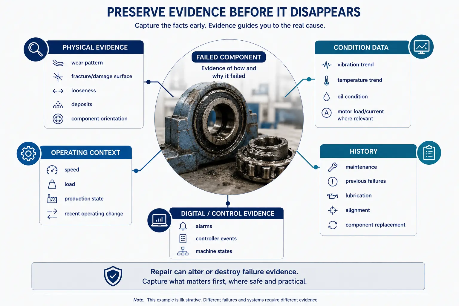 Evidence-preservation diagram around a photograph of a failed bearing and housing, grouping the information worth capturing before repair into physical evidence, condition data, operating context, maintenance history and digital or control-system evidence, with a note that repair can alter or destroy failure evidence.