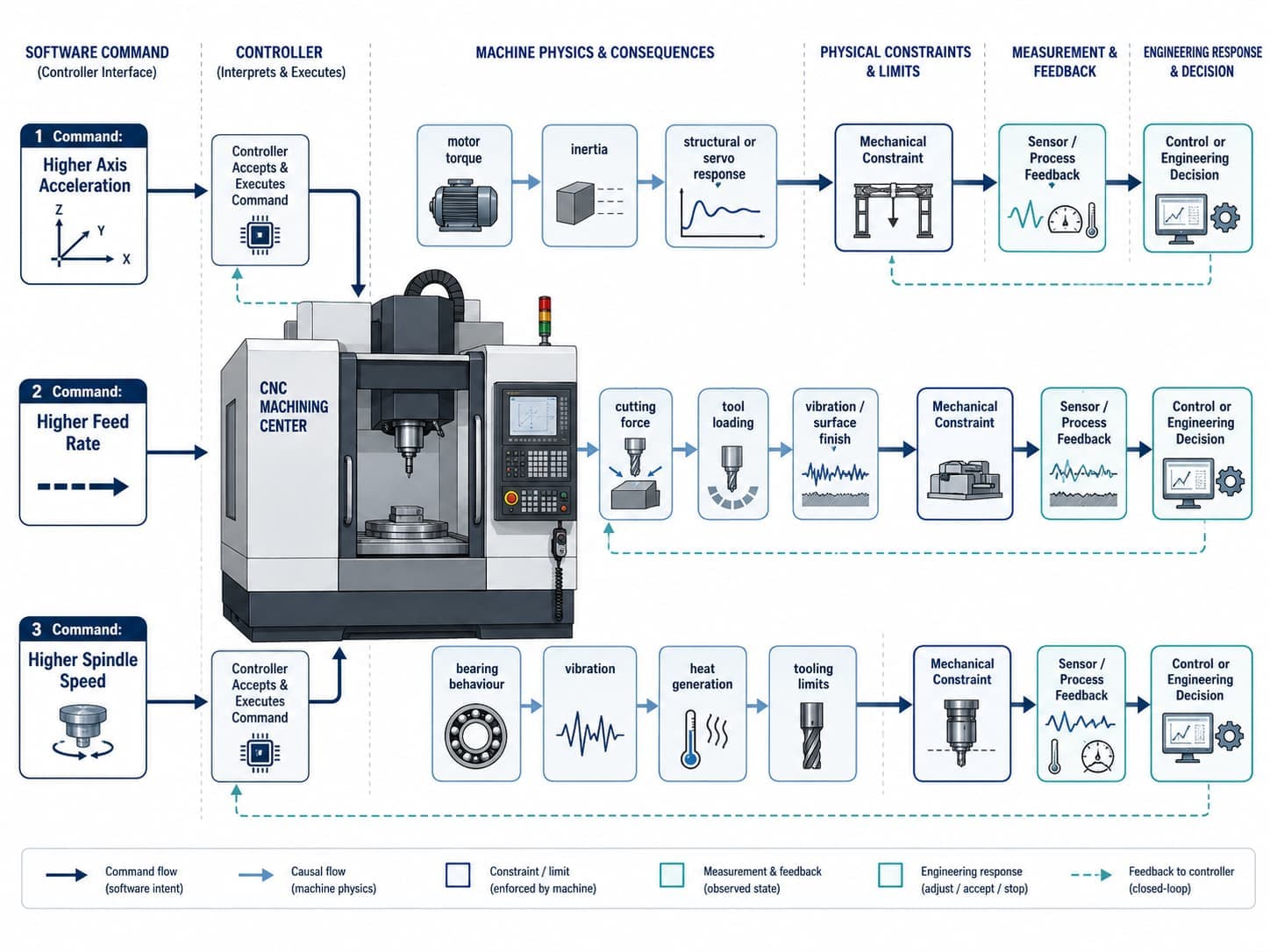 CNC example connecting commanded acceleration, feed and spindle speed with torque, cutting force, vibration and thermal constraints.