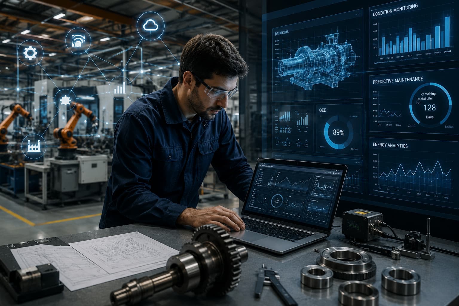 Mechanical engineer working with connected manufacturing equipment, sensor data and Industry 4.0 systems.