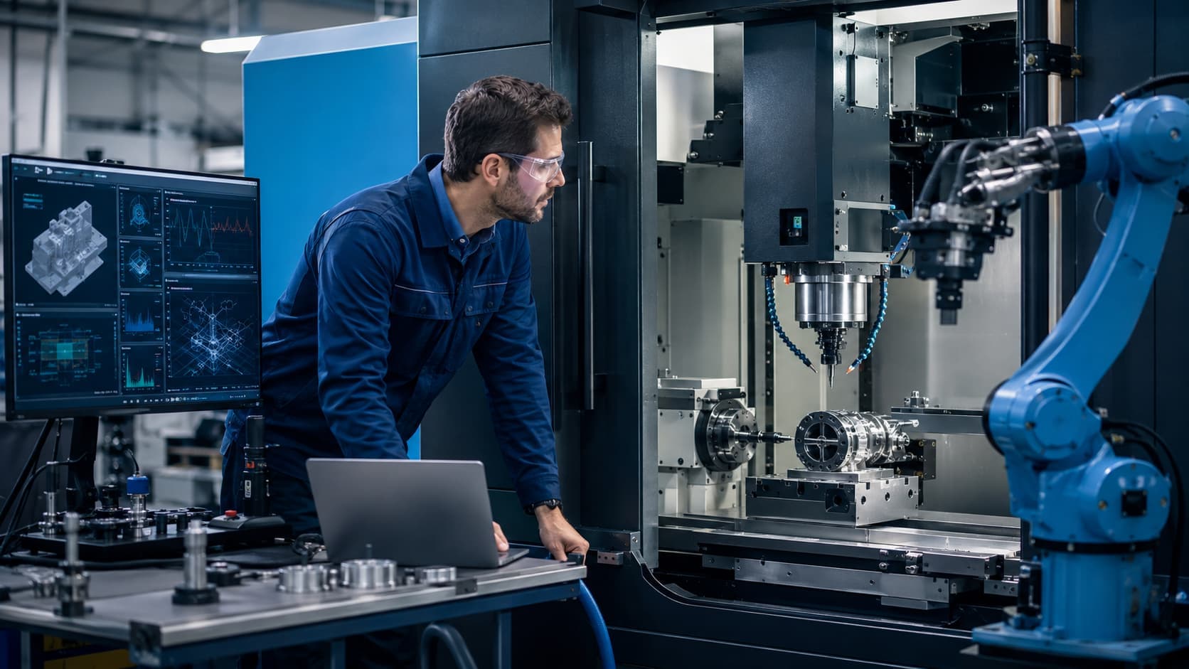 Engineer analysing software-controlled CNC machinery while reviewing physical machine behaviour and sensor data.