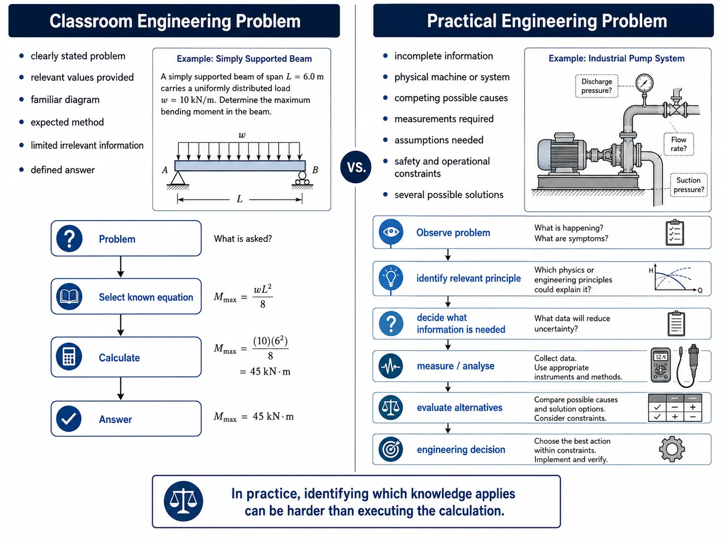 Comparison between structured classroom engineering problems and uncertain practical engineering problems.