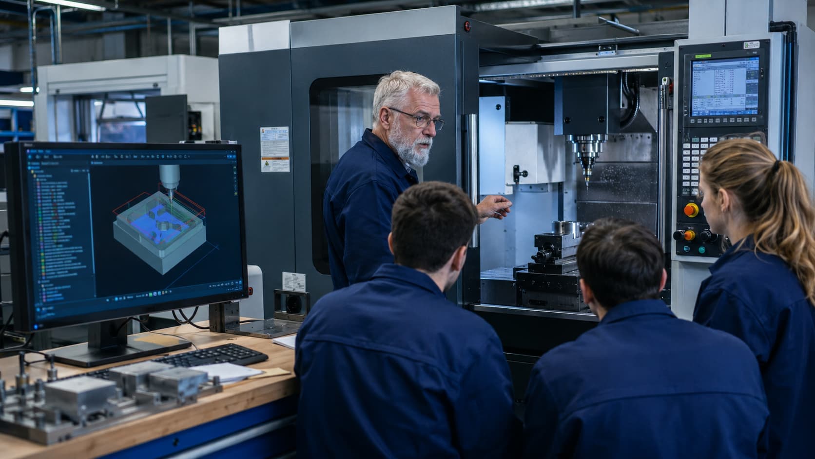 Engineering student learning CNC through instruction, simulation and supervised machine practice.