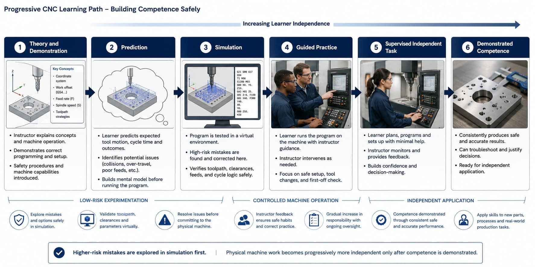 Progression from CNC theory and simulation to supervised practice and independent competence
