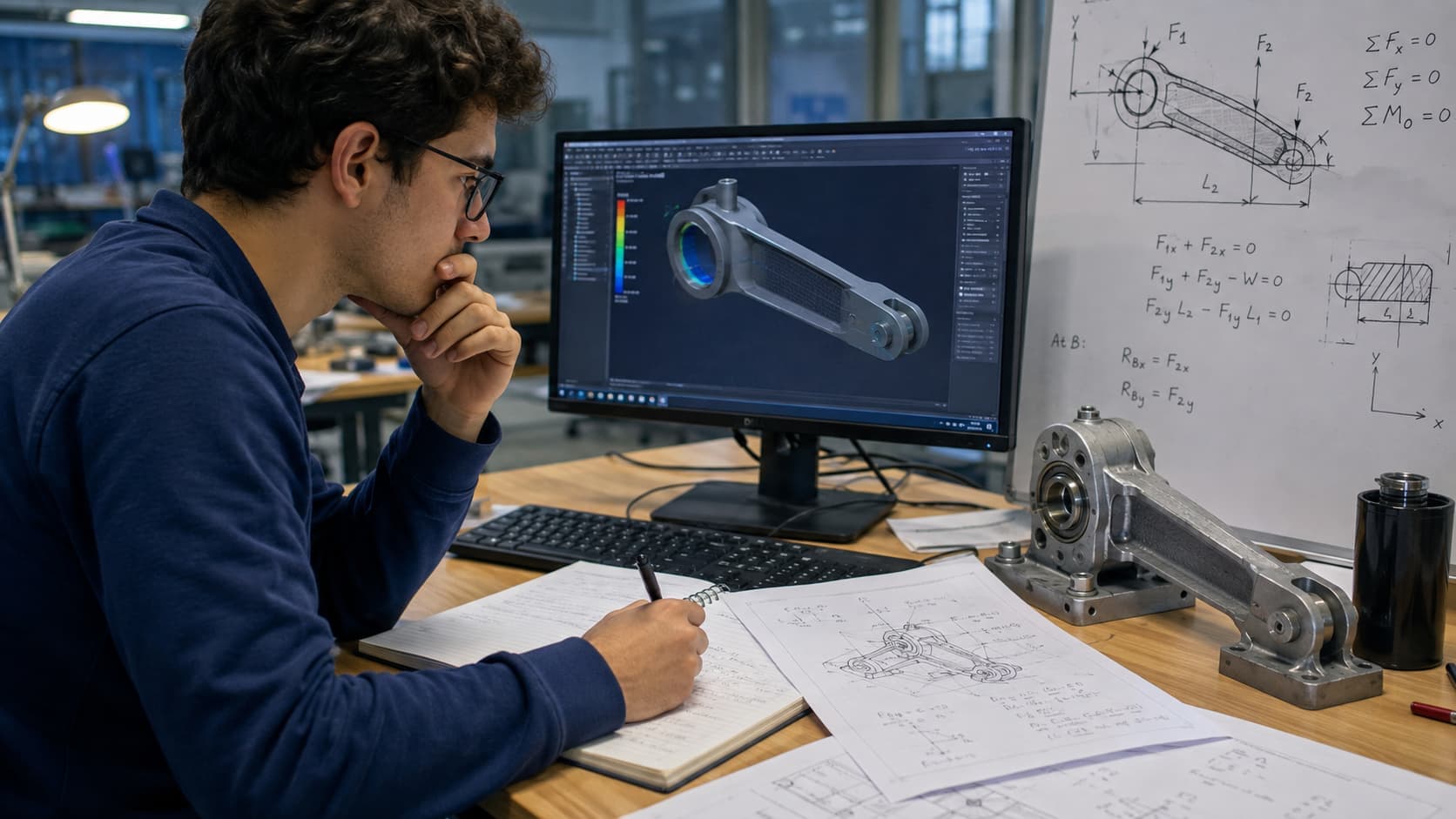 Mechanical engineering student analysing a 3D stress-simulation model on a computer screen beside hand-drawn free-body diagrams and equations on a whiteboard.