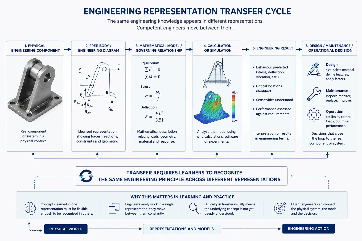 Diagram showing movement between a physical component, engineering diagram, mathematical model, simulation and engineering decision.
