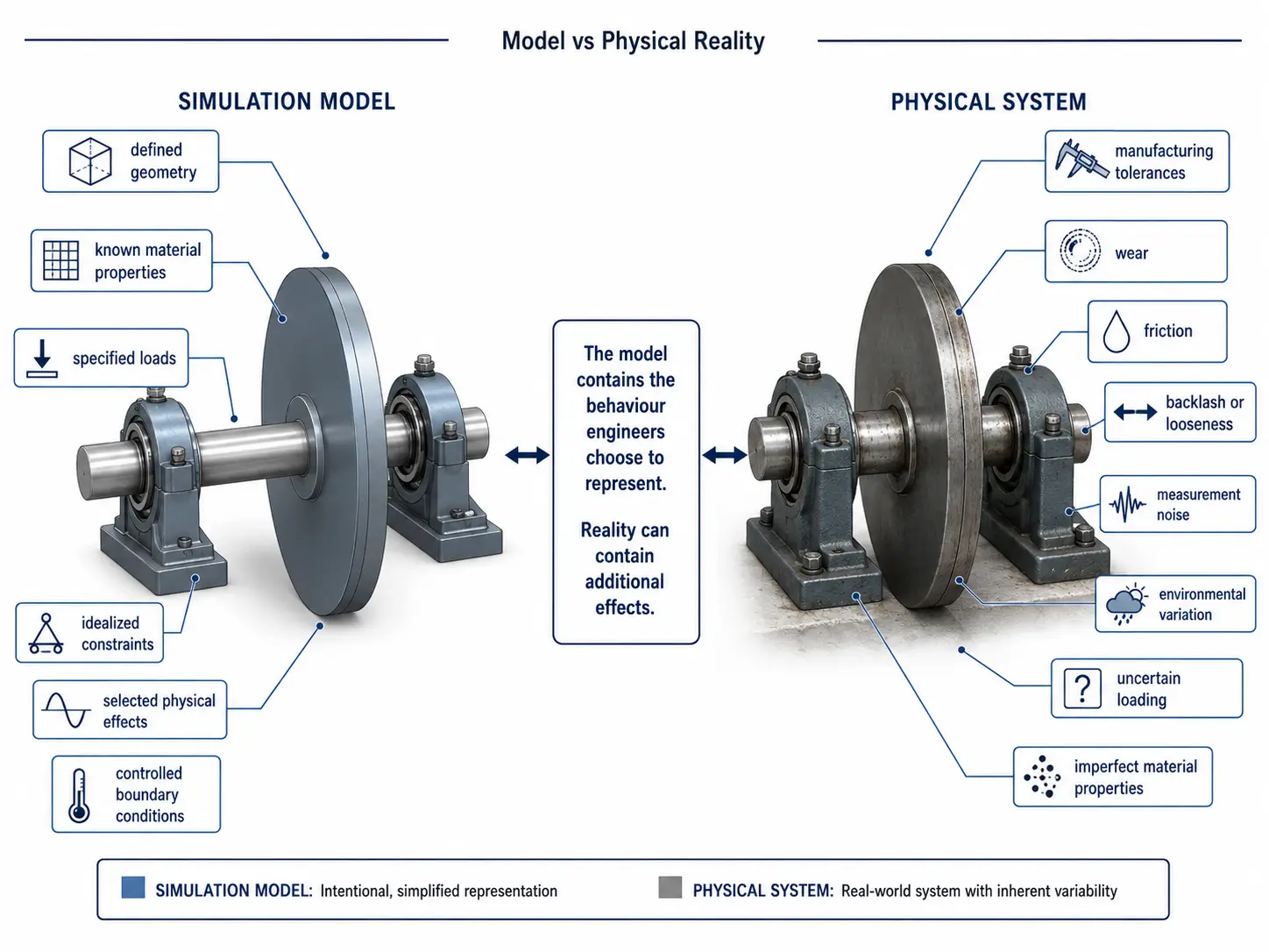 Side-by-side comparison diagram of a simulated shaft-and-bearing assembly against the physical assembly, labelling the simulation model's defined geometry, known material properties and idealized constraints against the physical system's manufacturing tolerances, wear, friction and uncertain loading.
