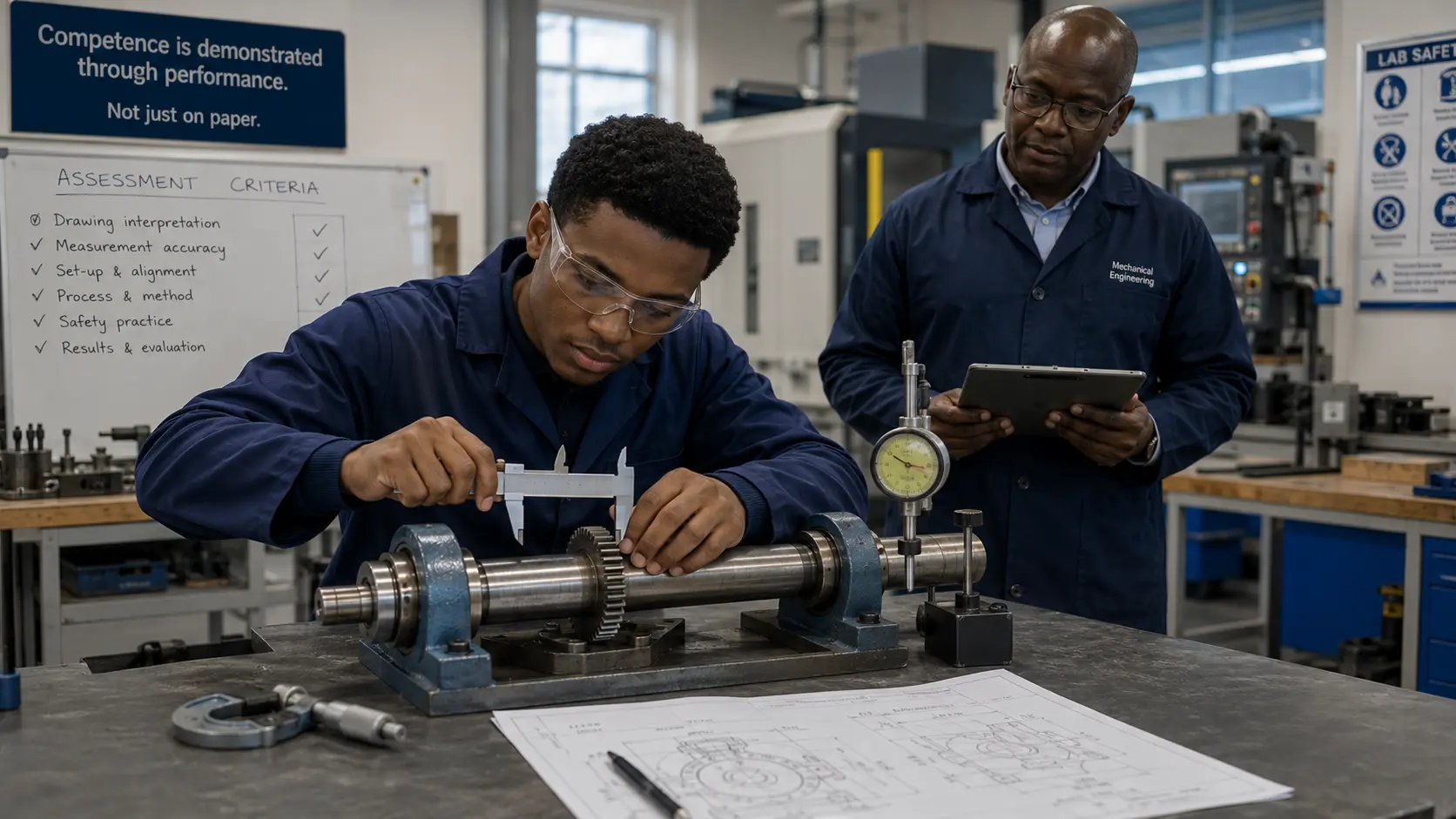Engineering student using a caliper and a dial indicator to measure a shaft-and-gear assembly on a fixture while an instructor observes with a tablet, beside an engineering drawing and a whiteboard listing assessment criteria for drawing interpretation, measurement accuracy, set-up and alignment, process and method, safety practice, and results and evaluation.
