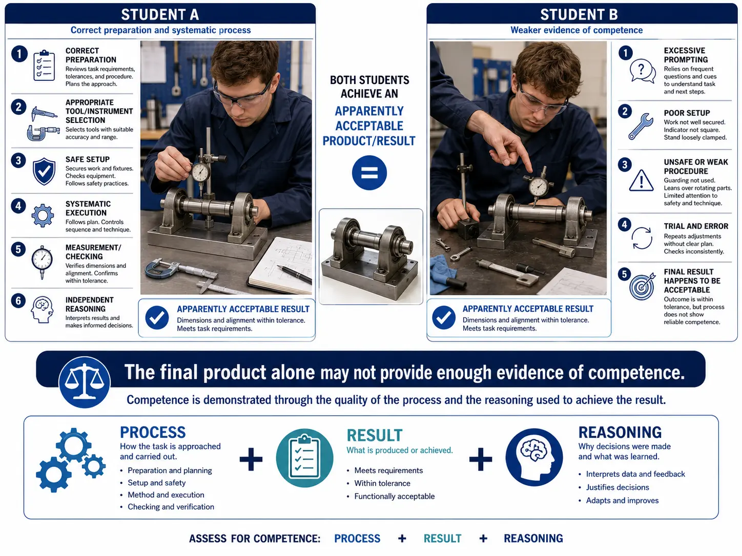 Side-by-side comparison of two students measuring the same shaft-and-bearing assembly. Student A, labelled correct preparation and systematic process, shows correct preparation, appropriate tool and instrument selection, safe setup, systematic execution, measurement and checking, and independent reasoning. Student B, labelled weaker evidence of competence, shows excessive prompting, poor setup, unsafe or weak procedure, trial and error, and a final result that happens to be acceptable. Both reach an apparently acceptable product, with a note that the final product alone may not provide enough evidence of competence and that competence is demonstrated through the quality of the process and the reasoning used to reach the result — summarised as process plus result plus reasoning.