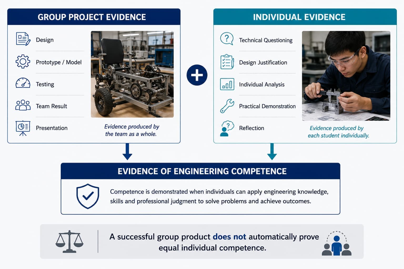 Diagram comparing Group Project Evidence and Individual Evidence as two inputs feeding into Evidence of Engineering Competence. The Group Project Evidence panel lists design, prototype/model, testing, team result and presentation alongside a photo of a manufactured mechanical test rig, captioned Evidence produced by the team as a whole. The Individual Evidence panel lists technical questioning, design justification, individual analysis, practical demonstration and reflection alongside a photo of a student measuring a component with calipers, captioned Evidence produced by each student individually. A banner below reads A successful group product does not automatically prove equal individual competence.