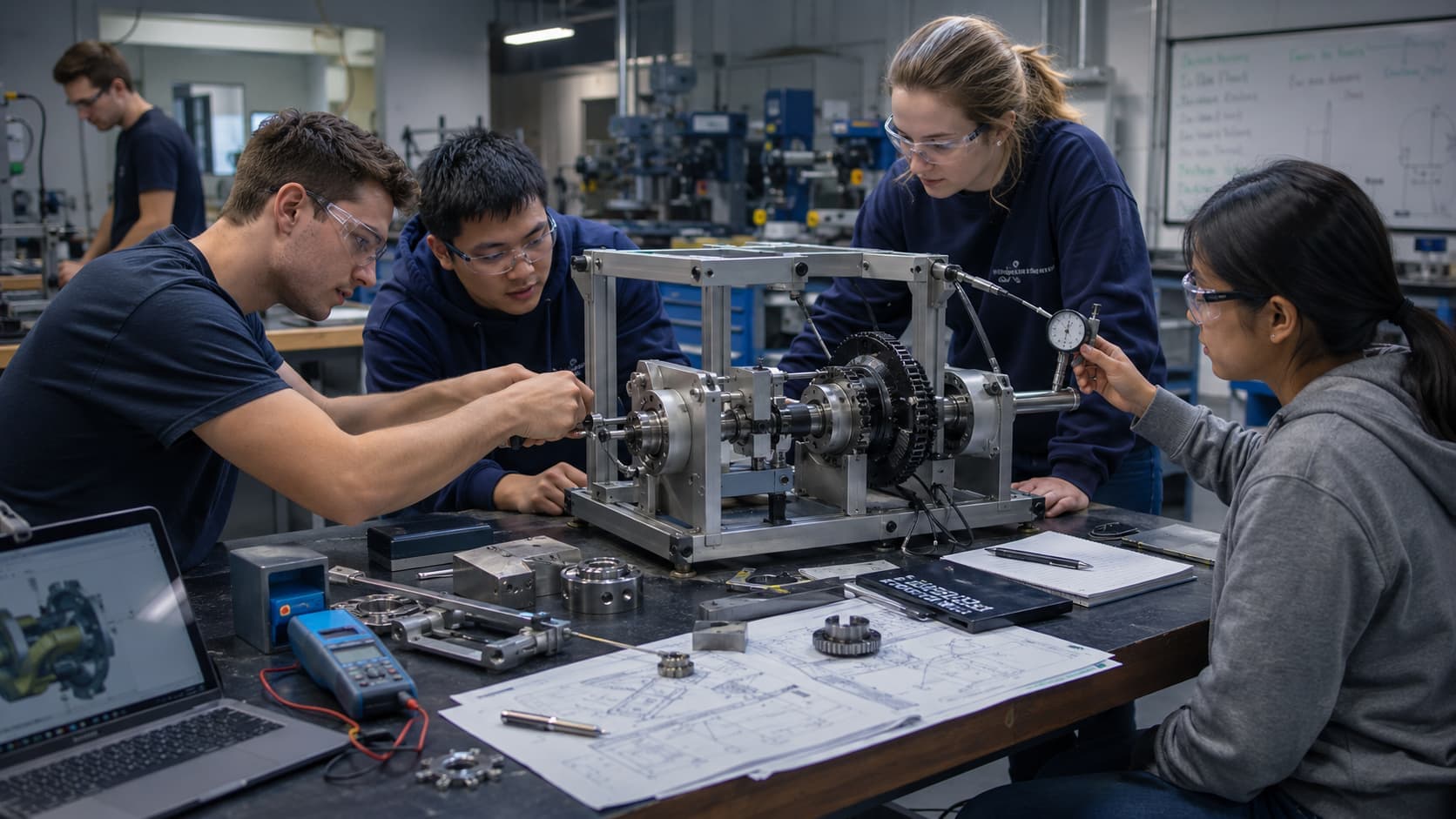 Four mechanical engineering students gathered around a workbench examining a partially assembled gearbox test rig, with one student adjusting a component, another holding a dial indicator against the shaft, a laptop showing a CAD model, and engineering drawings, a multimeter and machined parts spread across the table in a university engineering laboratory.