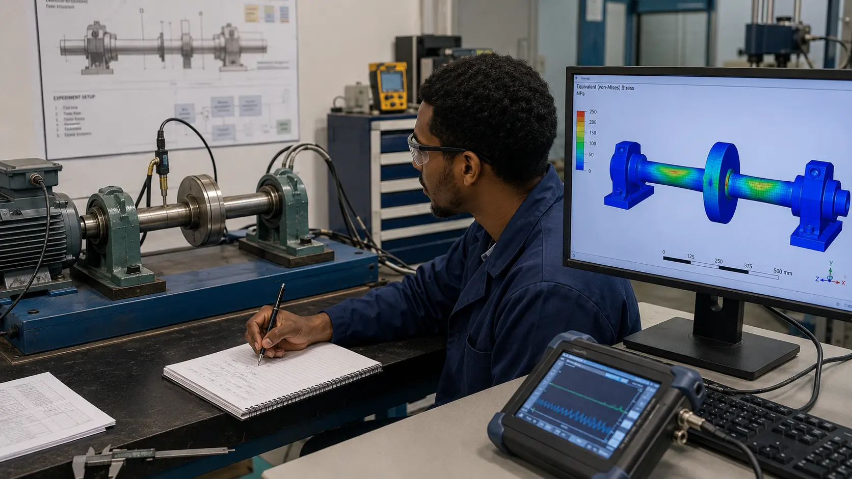 Engineer in a laboratory workshop comparing a von-Mises stress simulation of a shaft-and-bearing assembly on a monitor with the physical test rig, a vibration analyzer and hand-recorded notes.