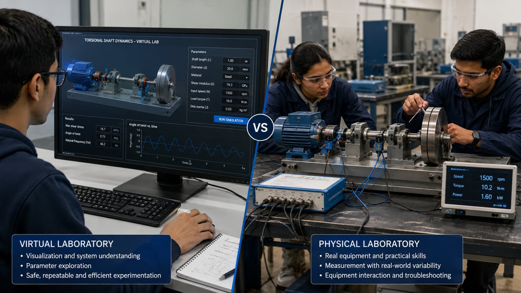 Split-screen comparison showing a student on the left viewing a torsional shaft dynamics virtual laboratory on a monitor with adjustable parameters and a results graph, versus two students on the right working directly with a real torsional shaft test rig fitted with a motor, couplings, sensors and a digital readout in a physical engineering laboratory, labelled Virtual Laboratory and Physical Laboratory.