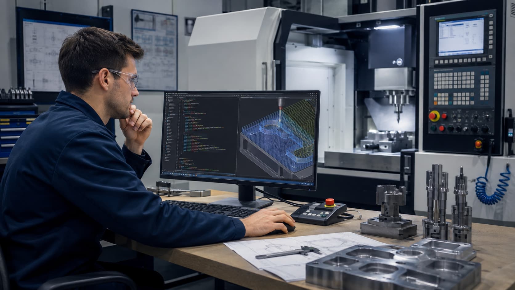 Engineer reviewing Python-generated G-code and a CNC toolpath beside machining equipment.