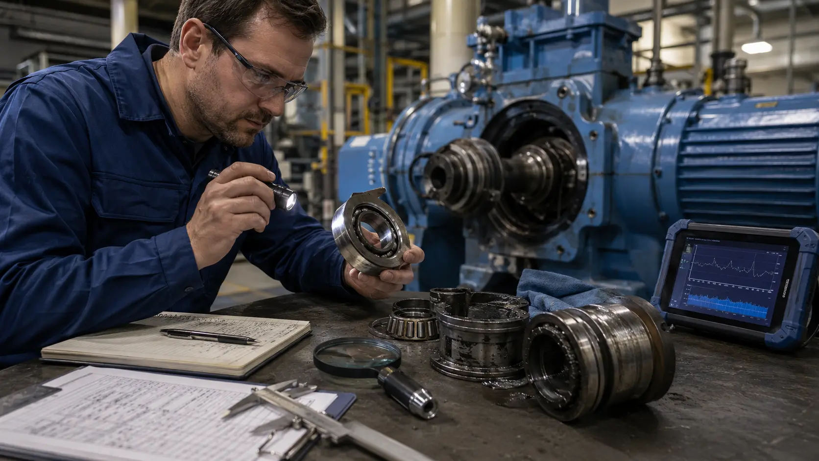 Maintenance engineer using a flashlight and magnifying glass to inspect a disassembled bearing on a workbench, with additional bearing components, a caliper, a handwritten inspection log and a tablet showing a vibration waveform, beside a partially disassembled industrial gearbox and motor.