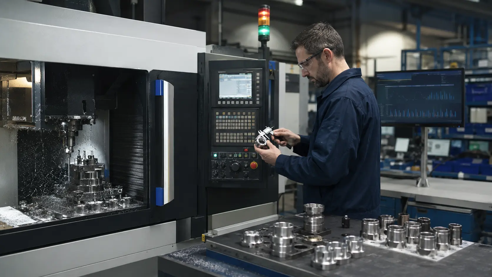 Engineer inspecting a machined component with calipers beside a CNC machining centre, with an andon stack light and a production dashboard visible in the background — representing availability, performance and quality monitoring.