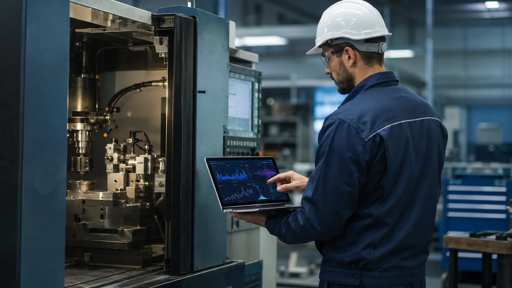 Engineer reviewing machine condition data beside CNC equipment during a maintenance inspection.