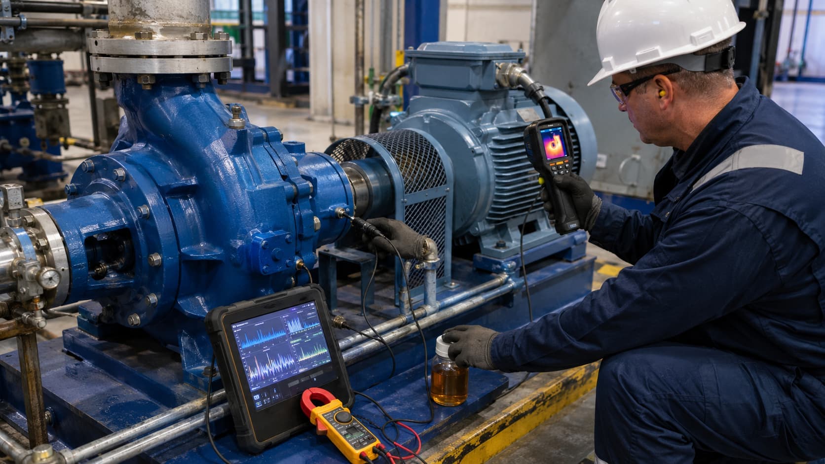 Technician using a vibration analyzer, thermal imaging camera and oil sample to inspect a pump and motor as part of a condition-monitoring routine.