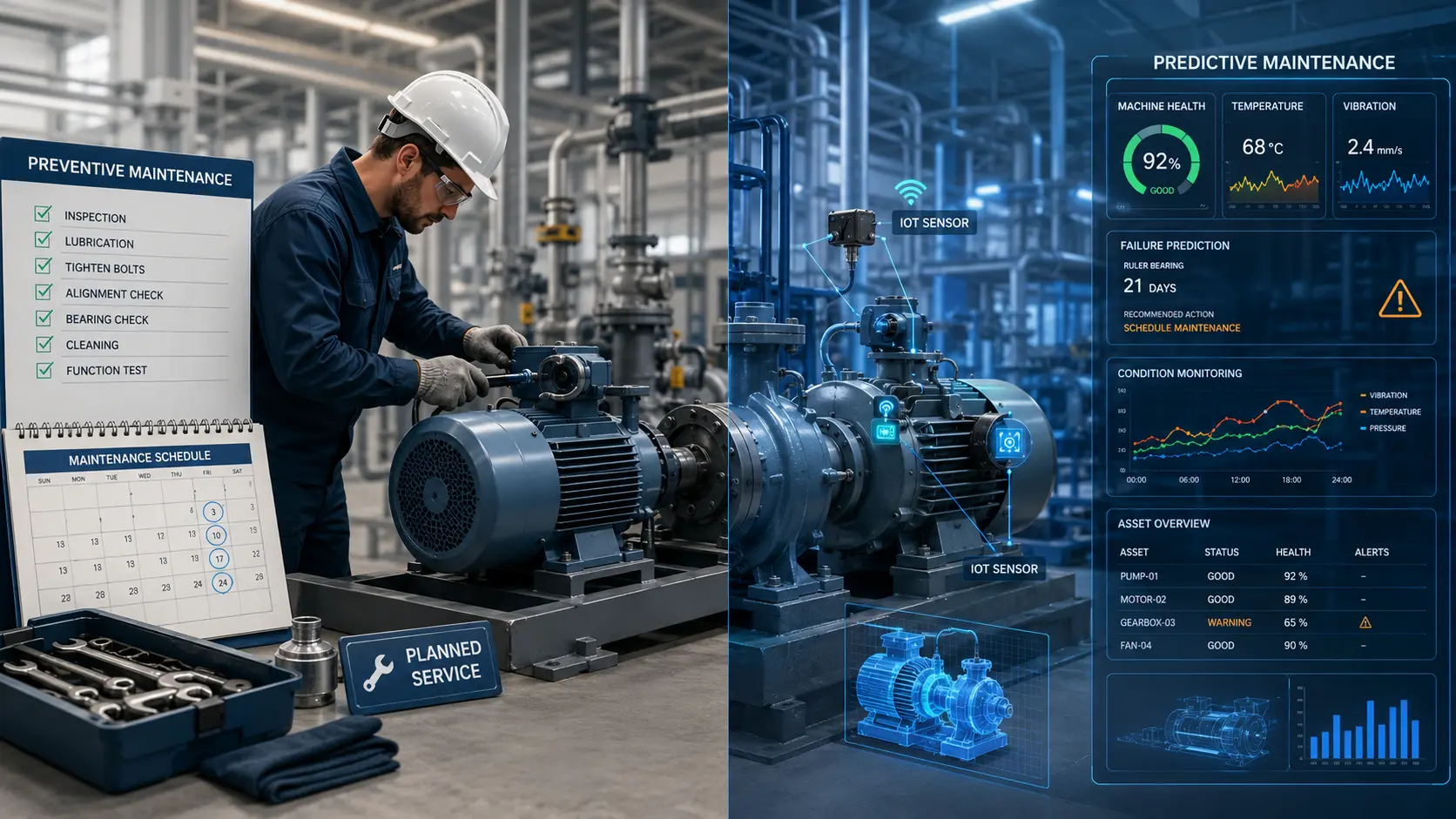 Technical maintenance dashboard imagery representing preventive and predictive maintenance strategies