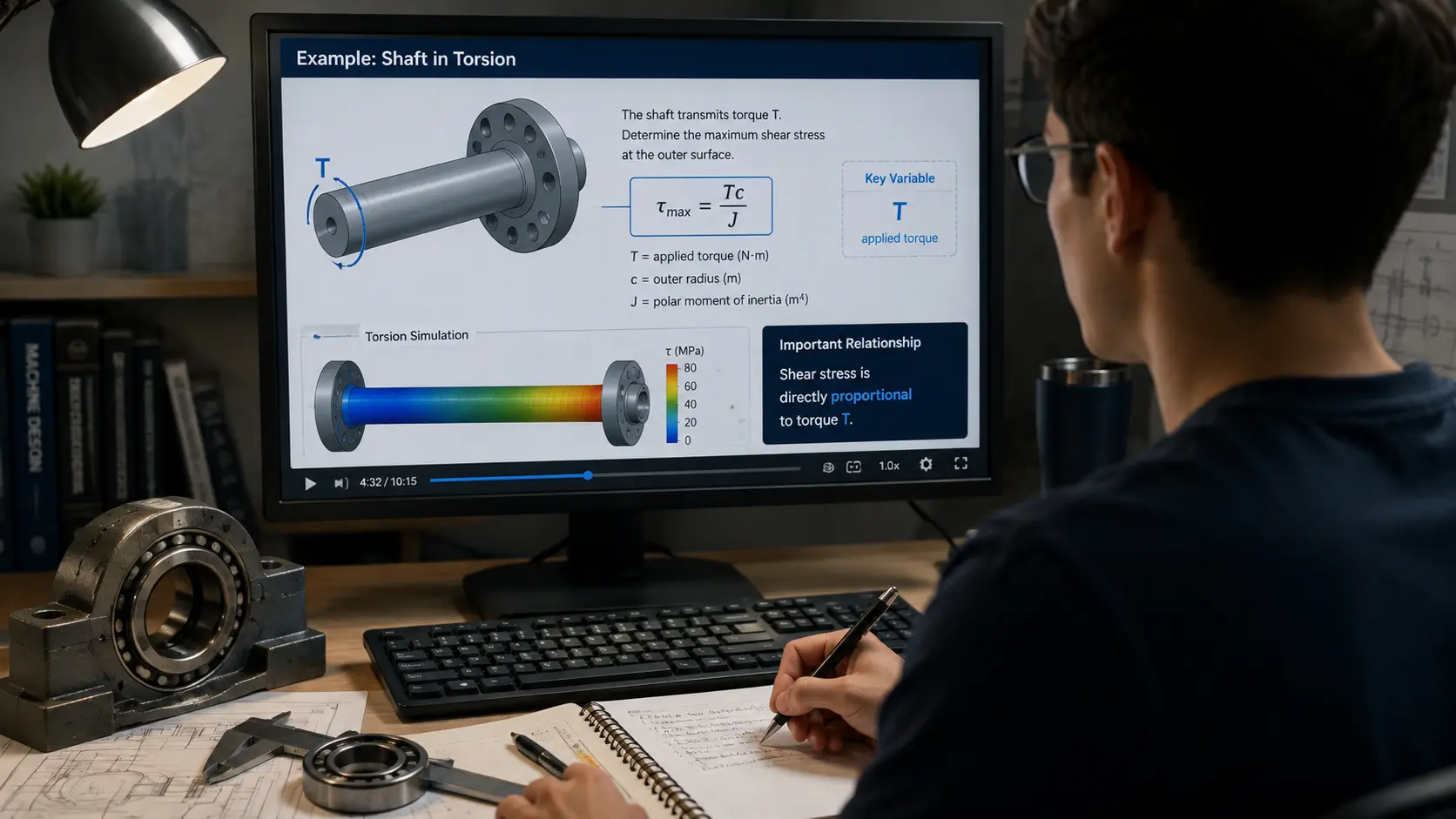 Engineering student taking notes while watching a video lecture on a shaft in torsion, showing the shaft diagram, the torque and shear-stress equation, a colour-mapped torsion simulation and a highlighted key relationship, with a bearing, calipers and engineering drawings on the desk.