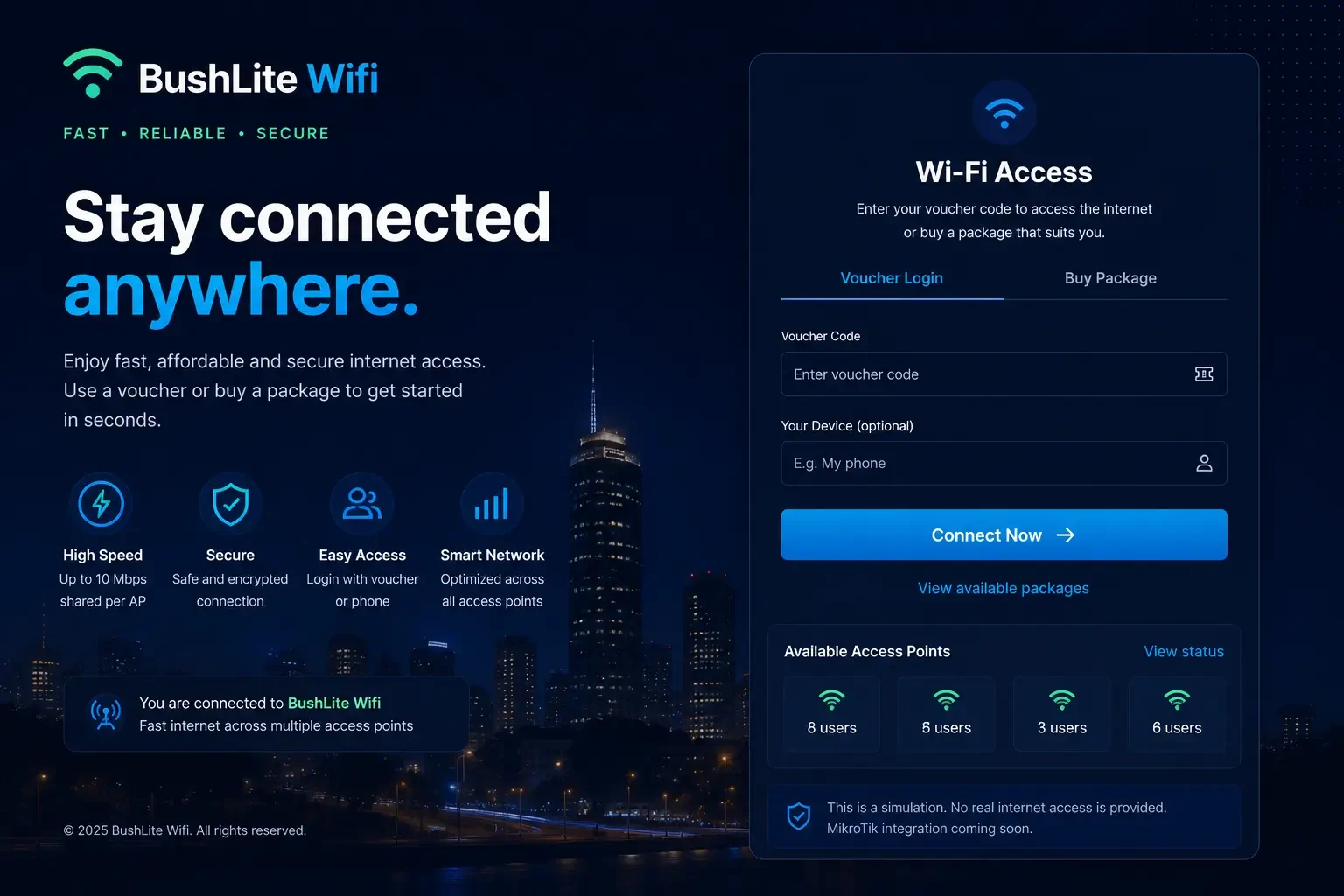 BushLite WiFi captive login portal where users redeem vouchers and select internet packages