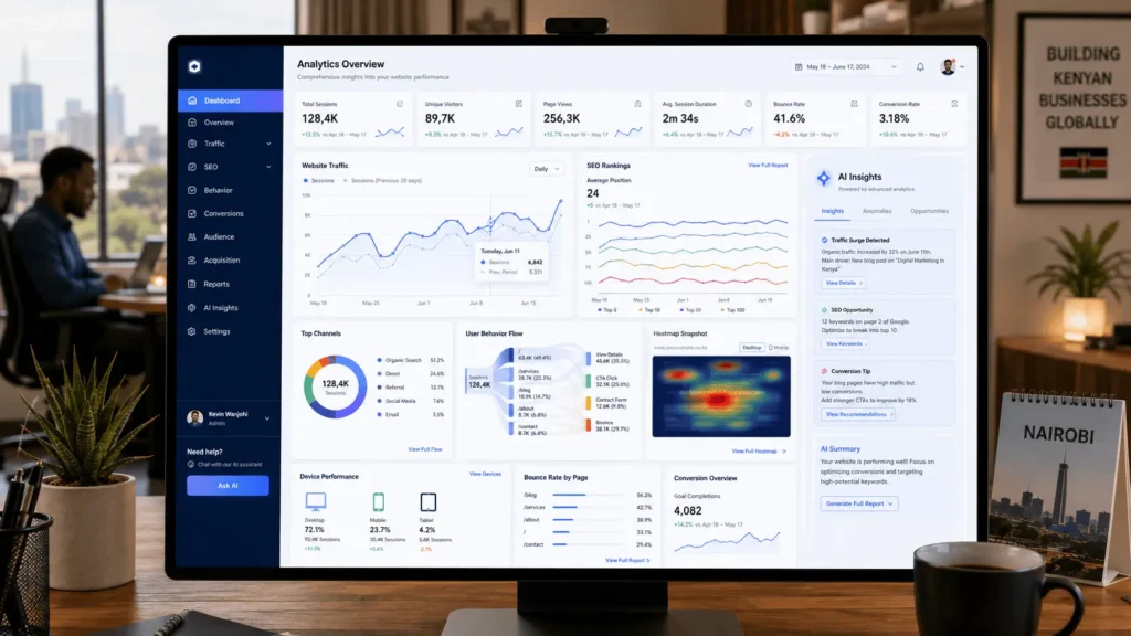 Website analytics dashboard showing traffic, SEO performance, and user behavior insights