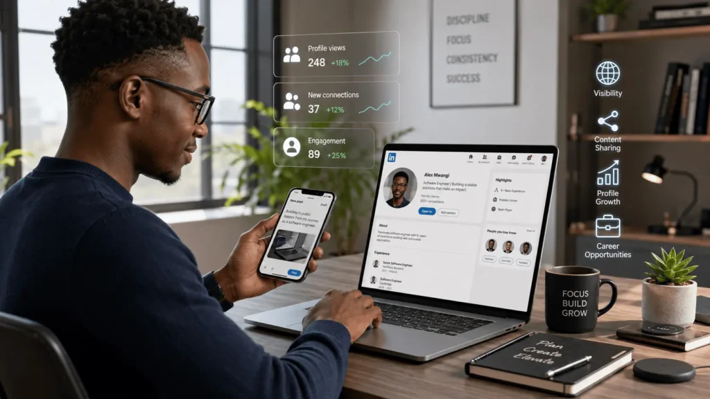 Kenyan tech professional working on LinkedIn profile and content creation from a laptop and smartphone