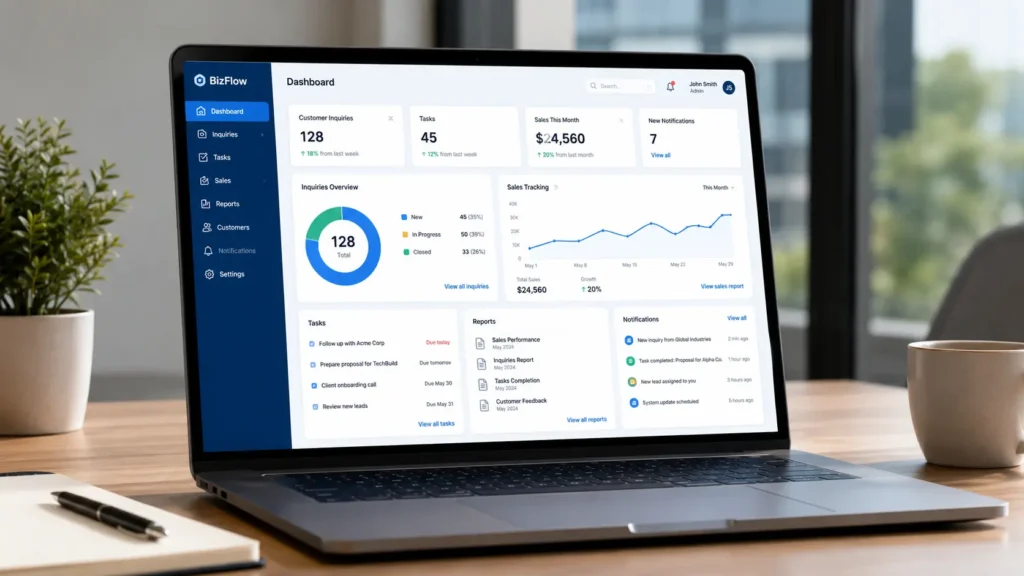 Business automation software dashboard showing tasks reports and customer inquiries