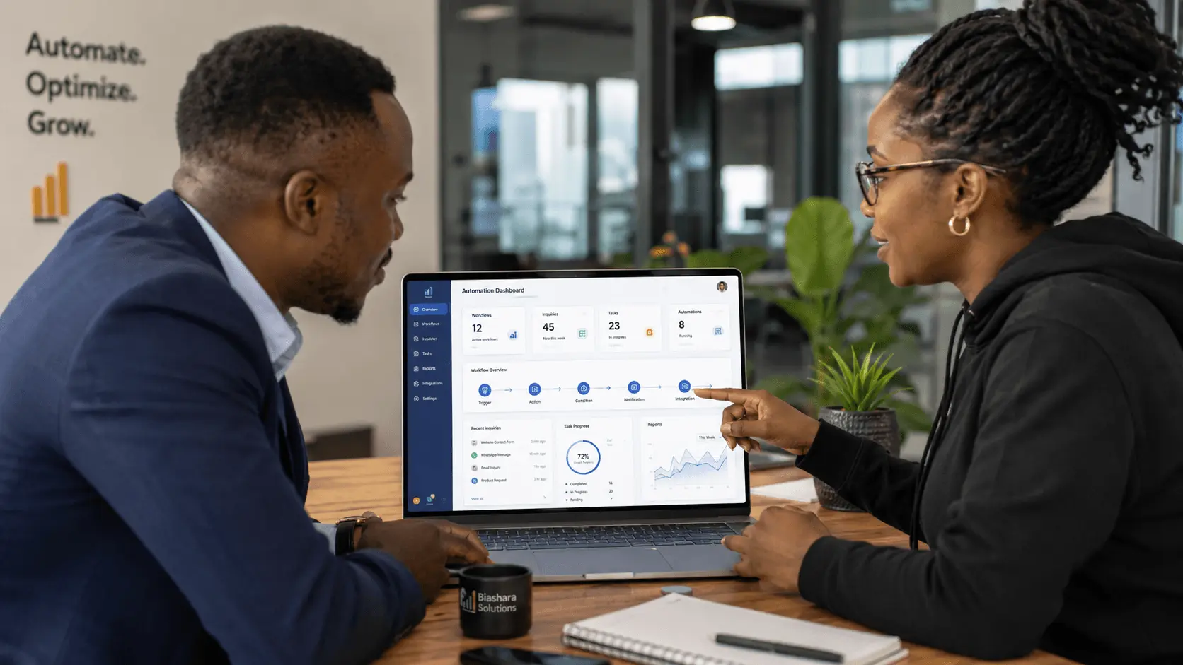 Kenyan business owner reviewing business automation software dashboard with a developer