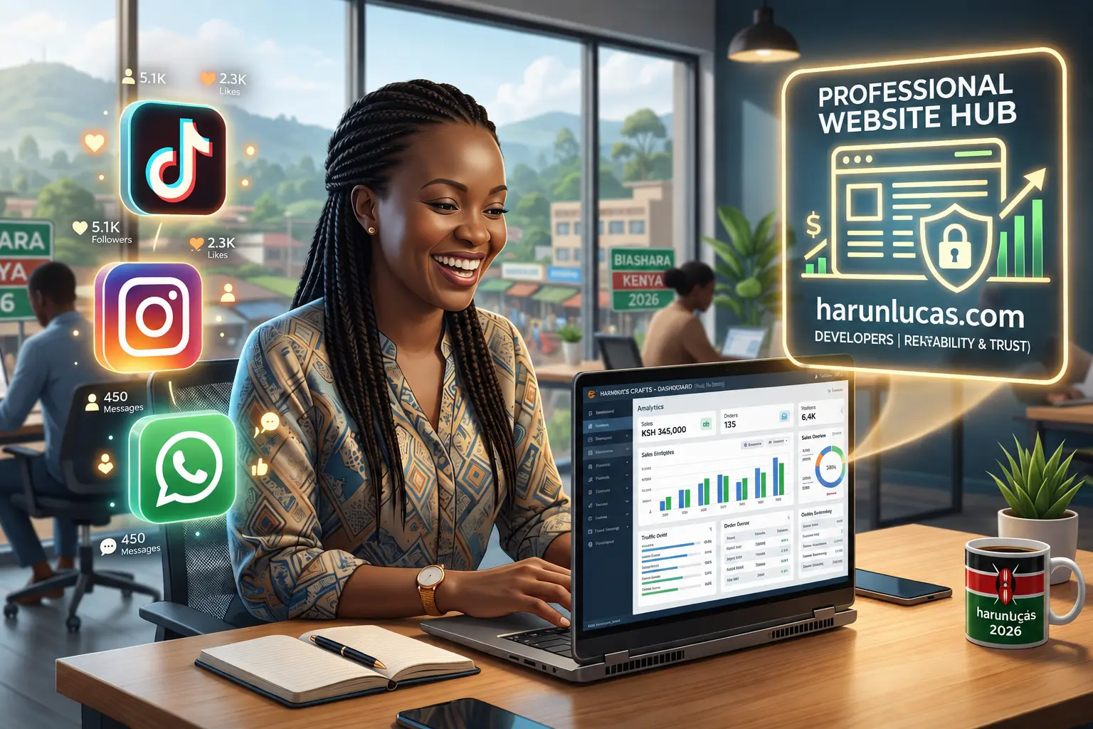 Kenyan business owner comparing social media platforms and a professional website in 2026