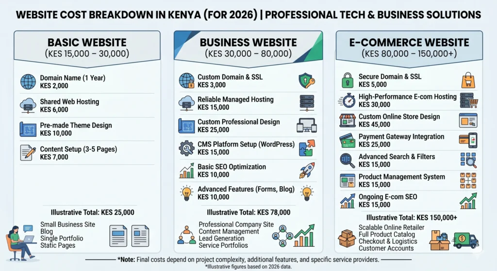 Infographic showing cost of basic, business, and e-commerce websites in Kenya