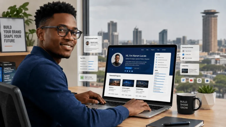 Young Kenyan tech professional working on a laptop with a portfolio website and personal branding elements on screen