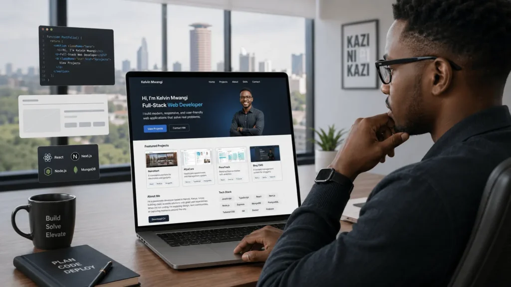 Laptop displaying a professional portfolio website for a Kenyan tech professional