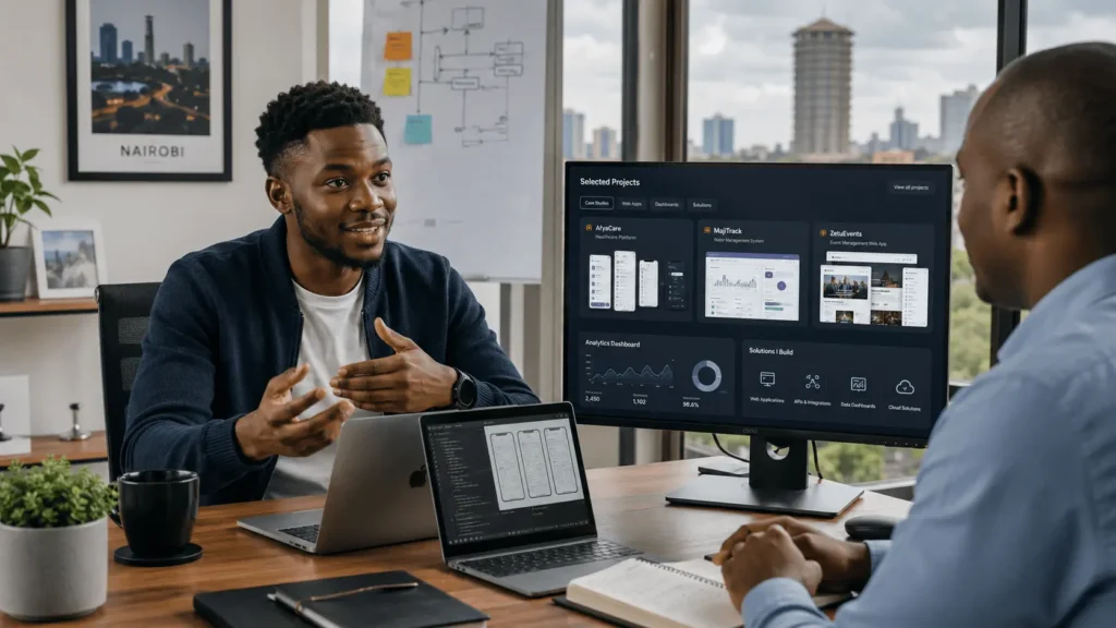 Kenyan tech professional presenting digital projects and case studies on a laptop screen